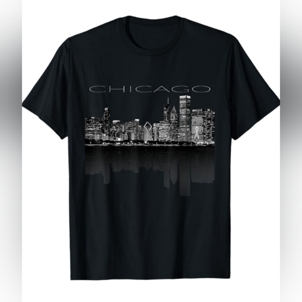 Chicago City Skyline Lights At Night Graphic T-Shirt Men’s 3XL Black Cityscape